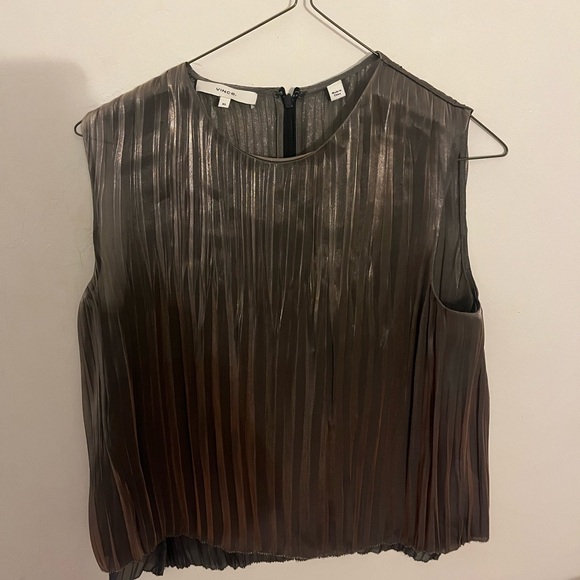 Vince Tops - Vince Metallic Pleated Sleeveless Tank Top - Bronze Brown
